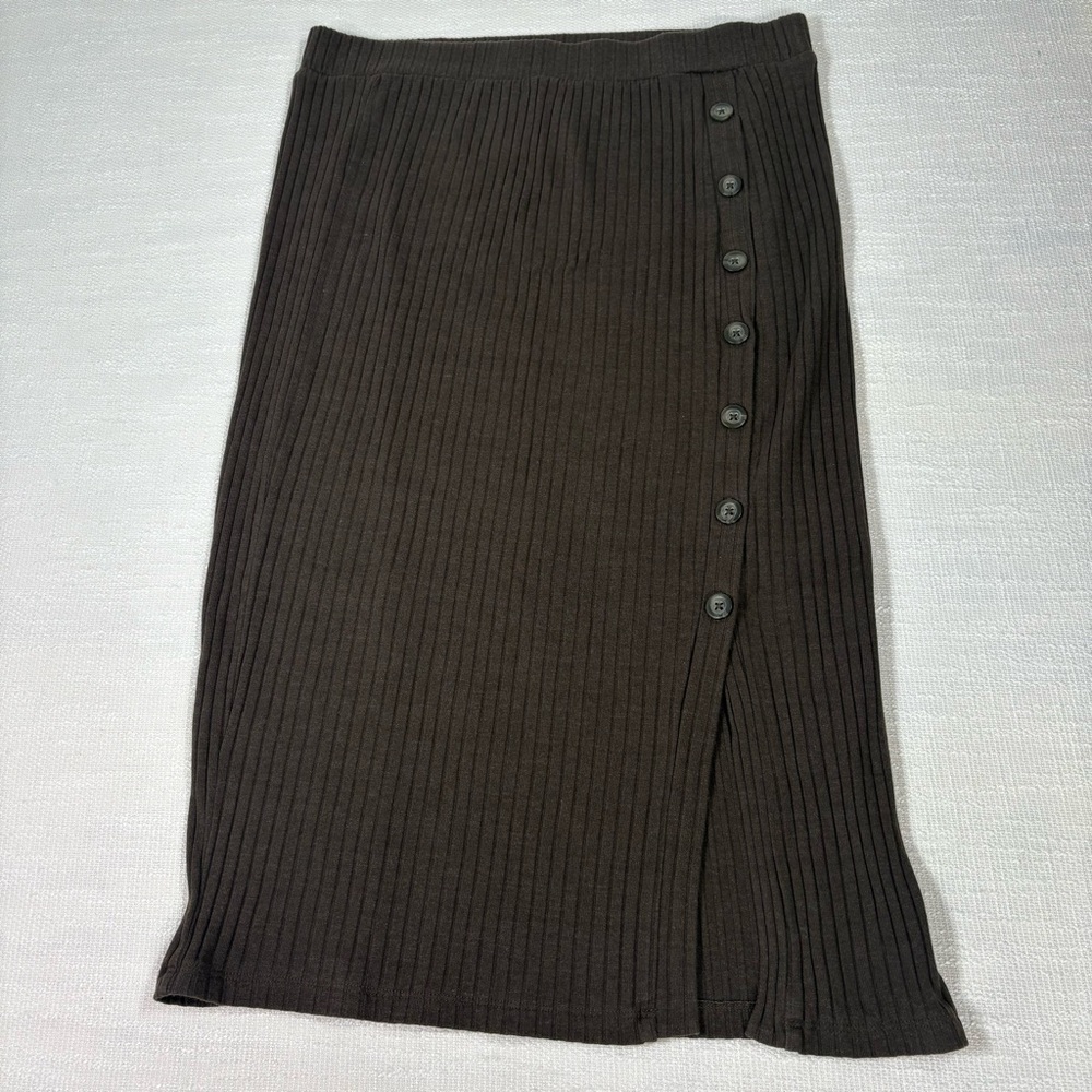 Women’s Brown Ribbed Knit Midi Skirt L 12-14 Button Front Stretch Casual